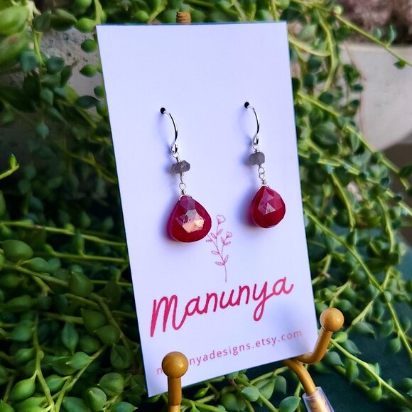Ruby Dangle Earrings - Semi-Precious Ruby, Labradorite & Carnelian - Picture 2 of 10